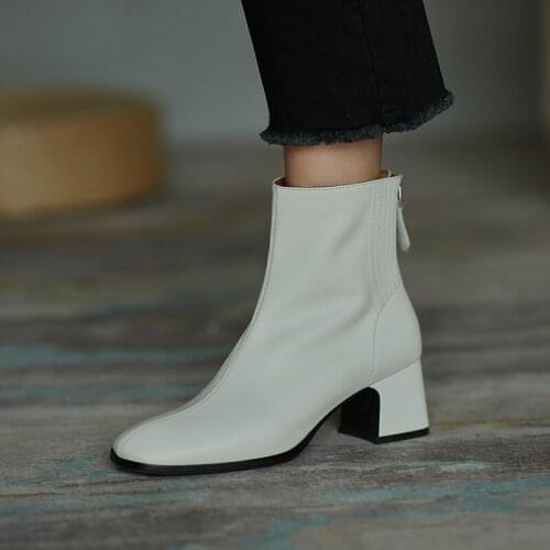 Boots Women Cowhide 2020 Autumn and Winter Genuine Leather Chelsea High Quality Chunky High Heel Ankle Boots Square Toe