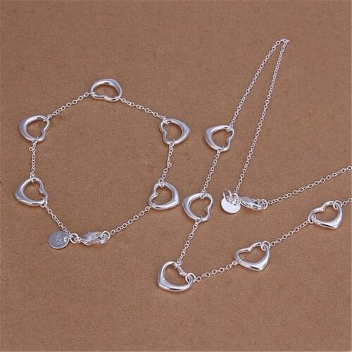 Hot 925 sterling Silver LOVE five hearts Bracelet necklace Jewelry set for women Fashion Party Christmas Gifts