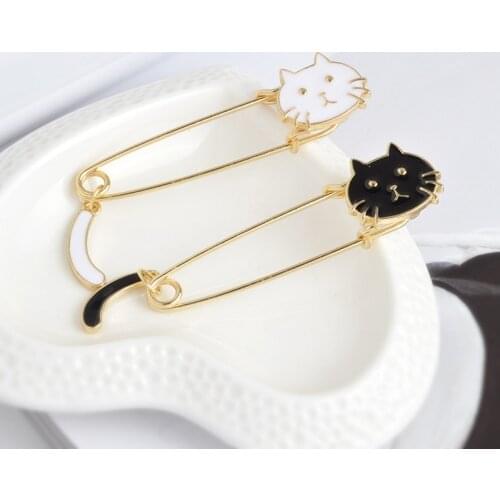 Black White Cats and Tail Enamel Brooches Gold Pins for Coat Sweater Bag Cute Cartoon Jewelry Gift for women girl kids