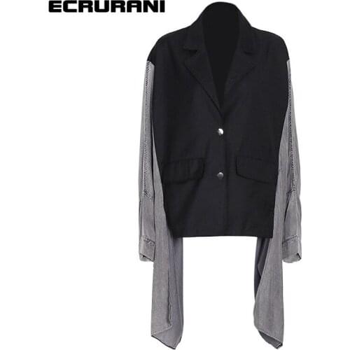 ECRURANI Patchwork Hit Color Jackets For Women Lapel Batwing Long Sleeve Loose Oversized Casual Coats Female Clothing 2021 Style