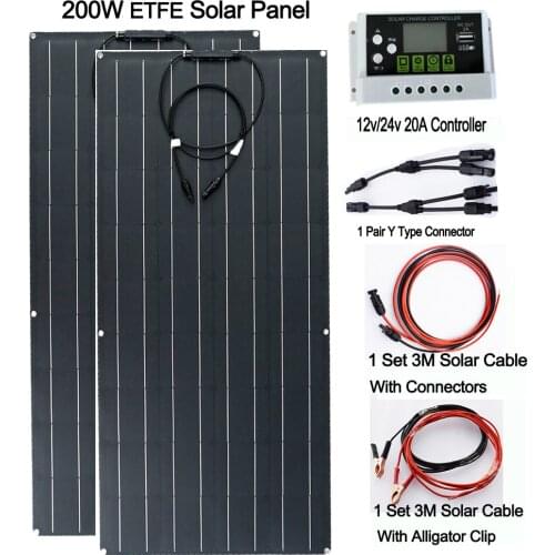 Flexible Solar Panel 200W Kit Solares 20A LCD Charge Controller 3M Battery Cable Y Type Connector 24V Home Solar Power System