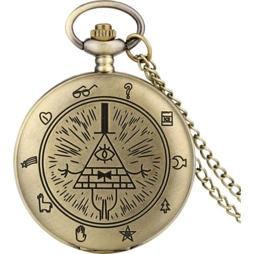Gravity Fall Bill Cipher Time Gem Necklace Quartz Pocket Watch Weird Town Triangle One-Eyed Devil Pendant Chain for Men Women