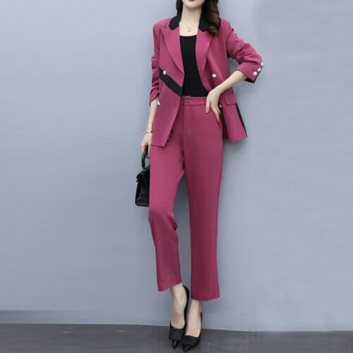 Casual Double Breasted Blazer Pants Suits 2 Piece Set Women Spring Autumn Femme Elegant Wide Leg Straight Pant & Coat Suit Sets