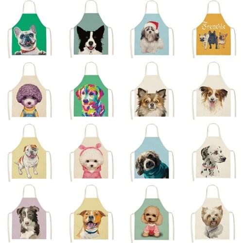 Kitchen Apron Cute Cartoon Dog Pattern Sleeveless Cotton Linen Aprons for Men Women Home Cleaning Tools
