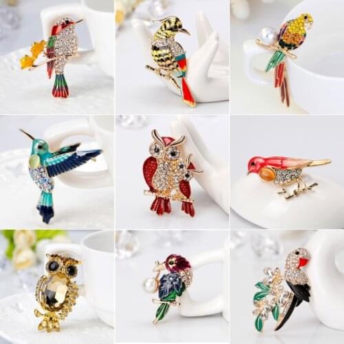 Many Design Lovely Parrot Brooches Enamel Bird Animal Brooch Pins Gold Color Jewelry Rhinestones for Women Accessories