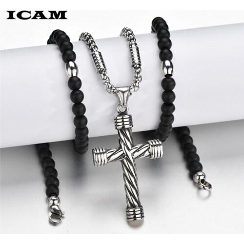 ICAM Men Women Christ Black Beads 4mm Rosary Bead Cross Pendant Woven Rope Chain Necklace Jewelry Accessories