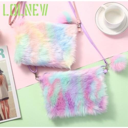 New Rainbow Plush Messenger Bag Shoulder Bag Childrens Little Girl Coin Purse Girls Fashion Mini Mobile Phone Bag