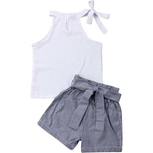 New Toddler Kids Baby Girls White Tops Striped Shorts Pants 2Pcs Sets Clothes Toddler Girl Clothes Sleeveless Cotton O-neck