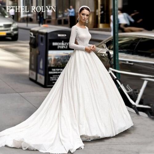 ETHEL ROLYN A-Line Wedding Dress 2021 Charming Backless Chic Beading Shining Tulle Bride Long Sleeve Scoop Princess Bridal Gown