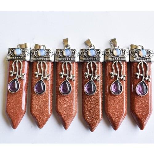 2021 good quality gold sand stone crystal point pendulum healing chakra pendant for jewelry making 6pcs/lot wholesale
