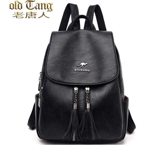 OLD TANG Fashion Solid Color Fringed Backpack for Women 2020 Winter New Pu Leather Waterproof Ladies Travel Backpacks Mochila