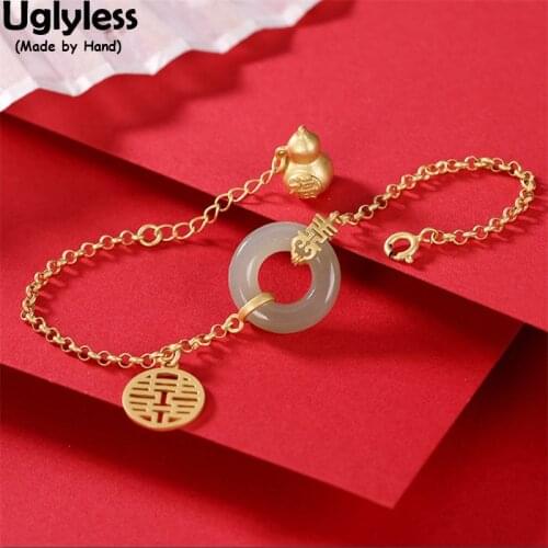 Uglyless Classic Peace Button Jade Emerald Bracelets for Women Real 925 Silver Gourd Bracelet Gold Ethnic Statement Jewelry Gift