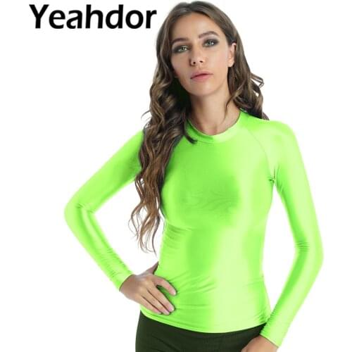 Women Glossy O Neck Long Sleeve T-shirt Sports Yoga Cropped Tops Ladies Solid Color Slim Fit Breathable Tops Yoga Sportwear