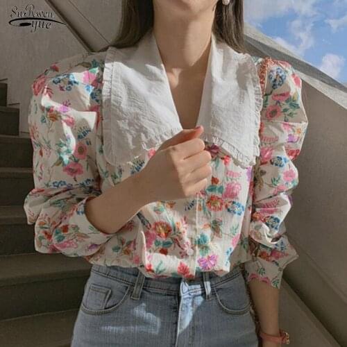 Vintage Floral Printed Women Blouse 2021 New Loose Casual Long Sleeve Shirt Top Korean Peter Pan Collar Long Sleeve Shirts 13975
