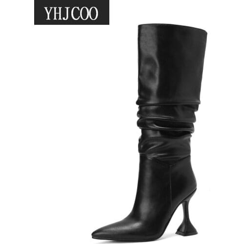 2021 New Sexy Women Knee High Pleated Boots Warm Winter Fashion Black Mid Calf Boots Womans Comfort Noble Stiletto Shoes Big 43