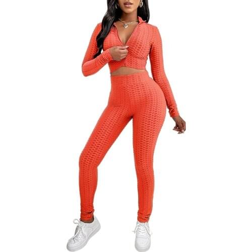 STYLISH LADY Pineapple Grid Sports Suit Women Long Sleeve Zipper Crop Tops and Long Pant Set 2021 Autumn Fitness Tracksuits