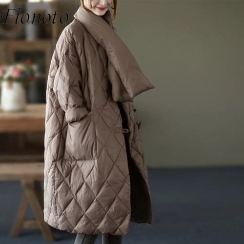 2021 Winter Womens Down Jacket With a Scarf Quilted Padded Coats Female Long Puffer Jacket Warm Parka Ladies Portable Outerwear