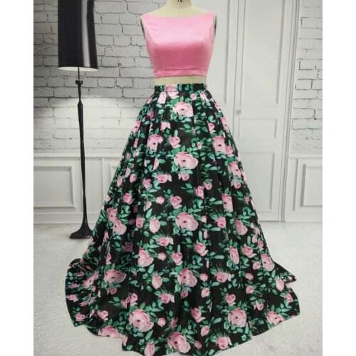 Long Satin Two Pieces Printed Prom Dresses with Pockets Floor A-Line Length Round neck Zipper Back Formal Party Dress for Women