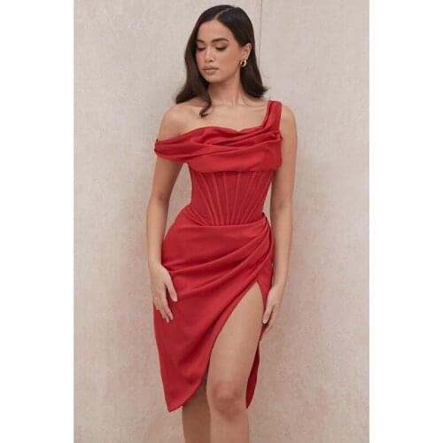 2021 Summer Sexy One Shoulder Red White Pleated Casual Slim Split Women Party Dress Vintage Satin Vestidos Femme Robe HB9025