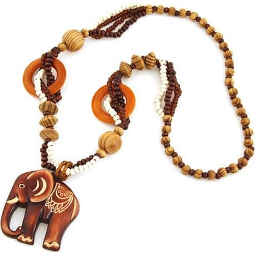 Women Bohemian Elephant/Flower/Geometric Printed Long Necklace Ethnic Wooden Beaded Chain Jumper Necklace Summer Beach Maxi JS94
