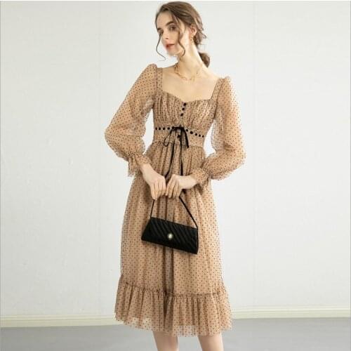 Womens 2021 New Spring Summer Chiffon Dress Female Square Neck Bubble Long Sleeve Polka Dot Dresses Lady Ruffle Skirt Long Sexy