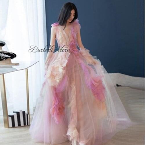 Sexy See Thru Tulle A-line Women Formal Party Dresses With Colorful 3D Flower 2021 Sweet Long Prom Gowns Princess Gowns