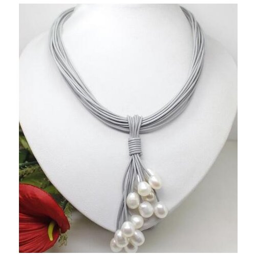 01-12mm Real White Freshwater Pearl Pendant Necklace Leather Cord Magnet Clasp Fashion Jewelry