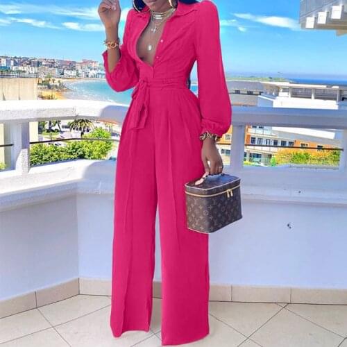 2020 New Fashion Jumpsuit For Women Solid lantern Sleeve Rompers Button Up Self Belted Jumpsuit Casual Loose Romper