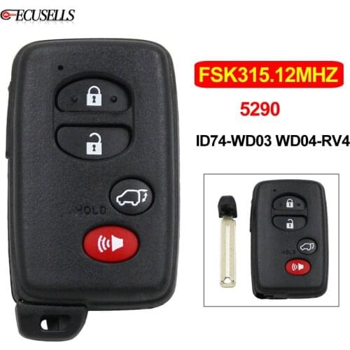 3+1/4 Button Remote Smart Car Key FSK315.12-5290-ID74-WD03 WD04-RV4 + TOY48 Emergency Key for Toyota Crown 2010-2013 for Lexus
