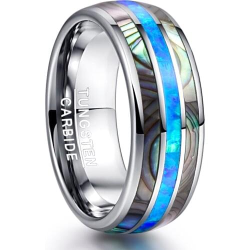 Hot 8MM Wide Round Surface Man Rings Two Strip of Shell Figure Blue Opal Rings Tungsten Rings Classic New
