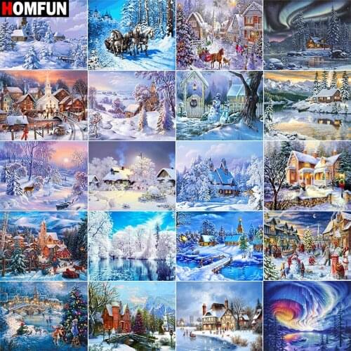 HOMFUN Diy Full Square Round Drill 5D Diamond Painting Cross Stitch Diamond Embroidery "House snow winter scene" Home Decor Gift