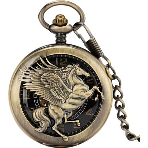 Antique Bronze/Black Fly Horse Display Manual Mechanical Pocket Watch Fob Chain Pendant Pocket Clock for Men Women Xmas Gift