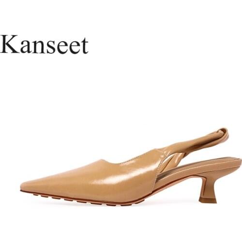 Kanseet 2021 New Women Shoes Summer Autumn Small Square Toes Fashion Design Sexy Popular Back Strap White Black khaki Mid Heel