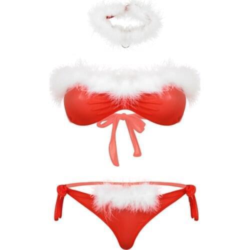 3Pcs Womens Sheer Mesh Christmas Santa Costume Lingerie Set Strapless Feather Trim Bra Top Briefs Underwear Choker