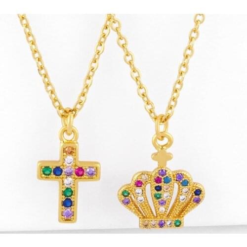 Cross crown multicolor micro pave cz zircon cubic zirconia necklace copper Clavicle Snake Chain Choker Pendant ghn3