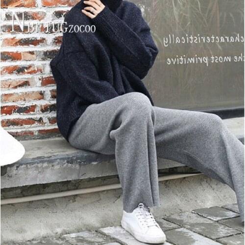 Fashion Loose Grey And Black Color Women Pants Knitting Female Trousers