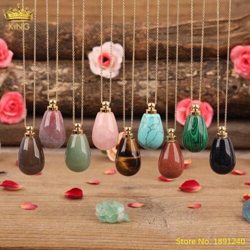 Natural India Agates Tiger Eye Stone Water Drop Perfume Bottle Pendant Gold Chains Necklace For Women Birthday Gift Wholesales