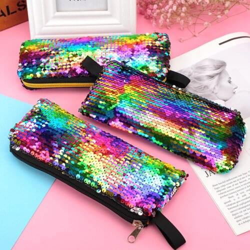 New 2021 Clutch Zipper Sequined Pencil Case Portable Storage Bag Student Stationery Cute School Supplies Back To School Kawaii