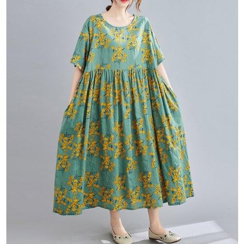 New Arrival 2021 Summer Fashion Short Sleeve Women Dress Plus Size Cotton Linen Printed Floral Maxi Dress Robe Female Vestidos