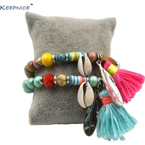 New European Boho Jewelry Handcrafted Beaded Bracelet With Tassel Charms Antique Silver Leaf Charm Bracelets For Women