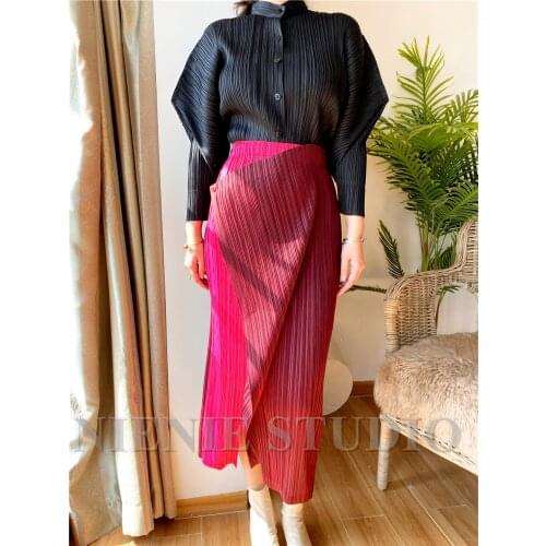 Miyake pleated skirt High waist one button stitching long asymmetrical skirt two-piece straight Korea skirt 4984