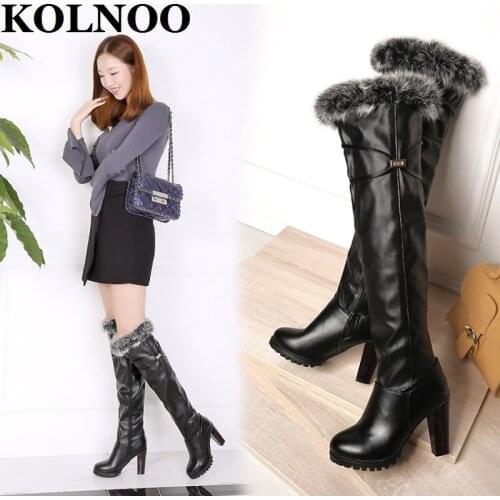 KOLNOO New Style Handmade Womens Chunky Heels Boots Manmade-Fur Evening Party Over-Knee Booties Sexy Fashion Winter Long Shoes