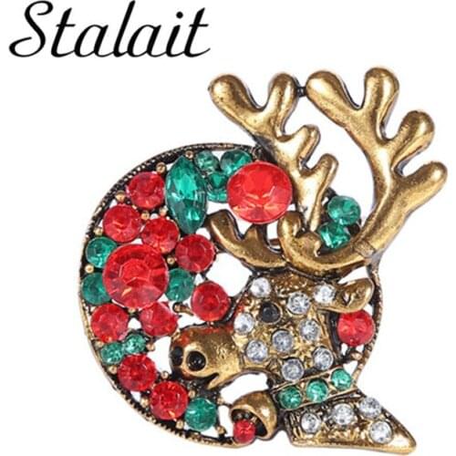 Cute Christmas Deer Shape Head Horn Crystal Brooch Elk Animal Creative Brooches Wedding Engagement Brooch Pins For Women Men