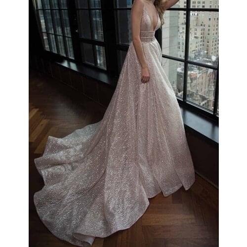 Spaghetti Straps A-Line Deep V-Neck Court Train Open Back Champagne Sequined Prom Dress with Beading Cutout Side Evening Dresses