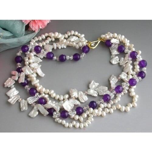 Unique Pearl Jewelry 4 Row 18'' Purple Rice Biwa Real Pearl Purple Jade Faceted Crystal Necklace Handmade Charming Fine Jewelry