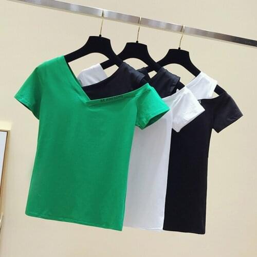 V-Neck Off The Shoulder Tops For Women T Shirt Women 2019 Cotton T-Shirt Female Fashion Korean Woman Clothes Tshirt Femme