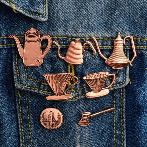 Retro Vintage Tea Brooch Coffee Maker Milk Coffee Cup Hand Rinse Filter Art Jewelry Enamel Pin Badge Coffee Enthusiast Gift