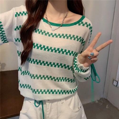 Harteen Summer New 2021 Green Striped Long Sleeve Thin Knitted Sweater Loose Bandage Sunscreen Fashionable o-Neck Women Clothing
