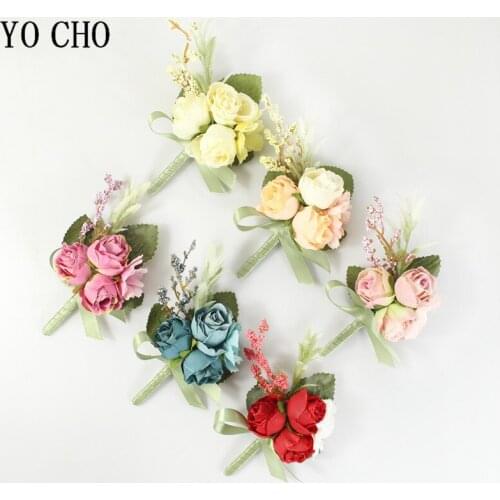 YO CHO Boutonniere Wedding Wrist Corsage Groom Brooch Pins Bride Wrist Corsage Silk Rose Flower Girl Bracelet Party Boutonniere