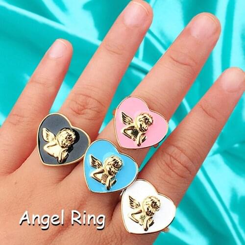 Y2K Jewelry Gold-plated Candy Color Heart Angel Rings for Women Opening Egirl Aesthetic Vintage Ring Charm 90s Fashios Friends